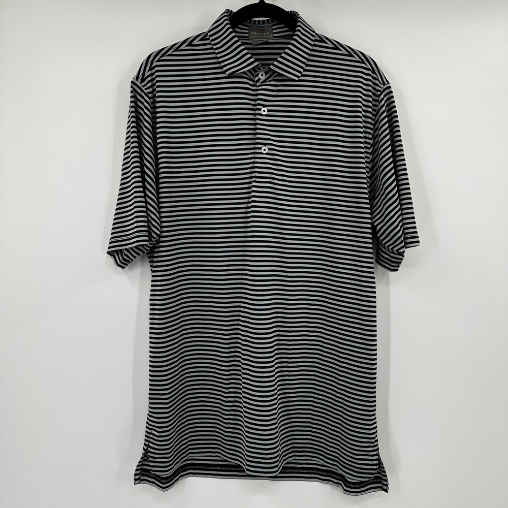 Fennec Mens Golf Polo Shirt Black Grey‎ Striped Performance Stretch Size Medium
